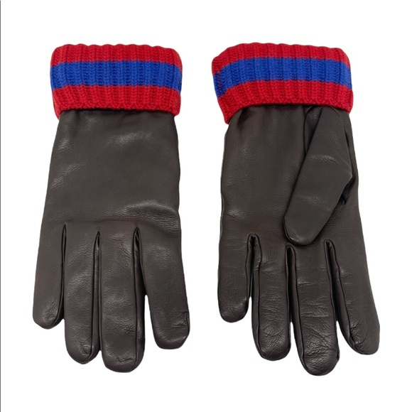 Gucci New Dark Brown Leather Web Signature Lambskin Cashmere Men’s Gloves